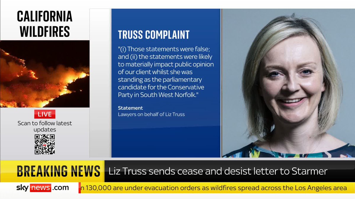 BREAKING: Lawyers for Liz Truss have sent a "cease and desist" letter to Sir Keir Starmer, stating that his claim that she "crashed the economy" with her mini-budget in 2022 is defamatory. Politics live: 📺 Sky 501, Virgin 602, Freeview 233 and YouTube