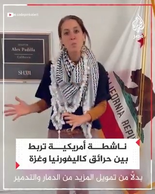 ناشطة أمريكية تربط بين الحرب في #غزة والحرائق في كاليفورنيا مطالبة بوقف الدعم المالي لإسرائيل وتوجيهه للأمريكيين المتضررين