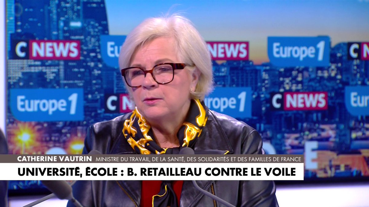 Catherine Vautrin sur l'interdiction du port du voile dans les universités et pour les mères accompagnatrices : «Elles peuvent mettre des foulards. Cela peut tout à fait respecter les convictions des uns et les valeurs de la République» dans #LaGrandeInterview