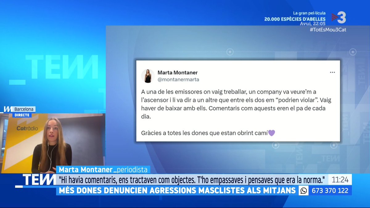 🔴 "Un company va veure'm a l'ascensor i li va dir a un altre que em 'podrien violar'". La periodista Marta Montaner (Marta Montaner) denuncia. "Tot això passava al grup Flaix. Jo no era cap excepció, crec que ha passat durant temps" #TotEsMou3Cat ▶