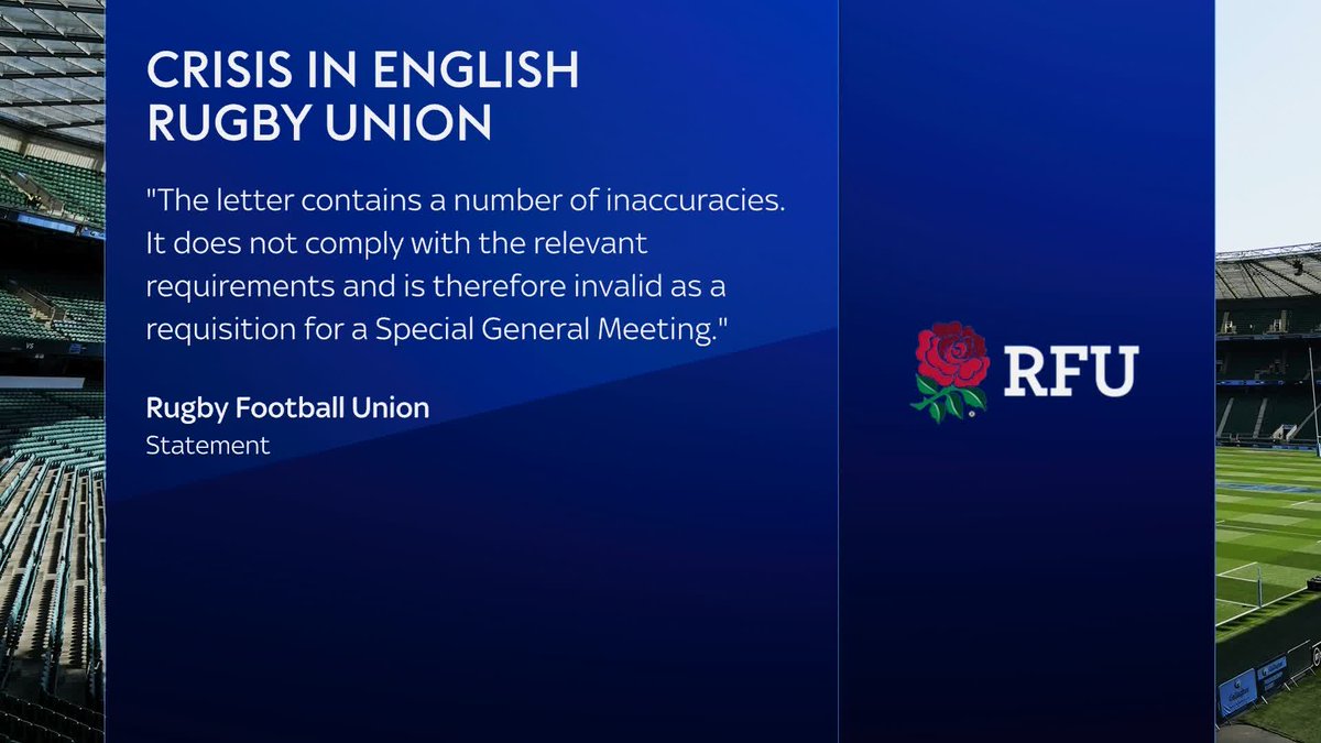 The Rugby Football Union have rejected a request for a Special General Meeting, with CEO chairman Bill Sweeney facing demands for his removal by grassroot rebellions 💼