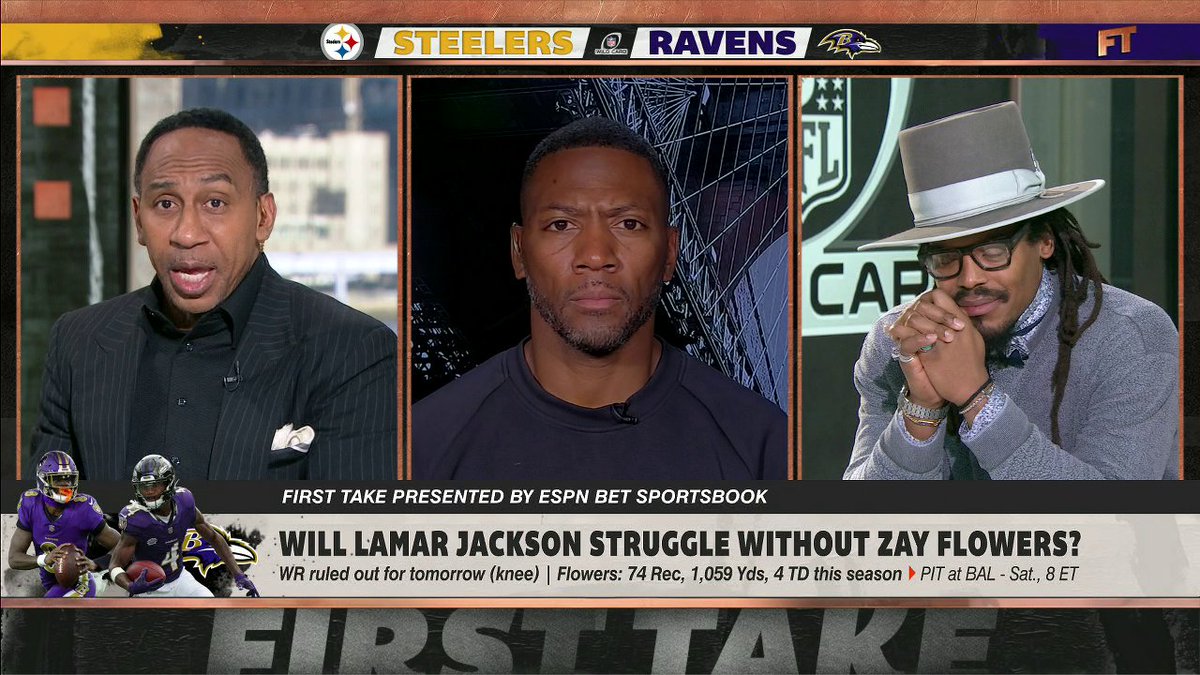 .Stephen A Smith says Lamar Jackson "better not struggle" without Zay Flowers against the Steelers 😯 "Enough's enough. This is a two-time league MVP. ... It's because of his greatness that we need the expectations met."