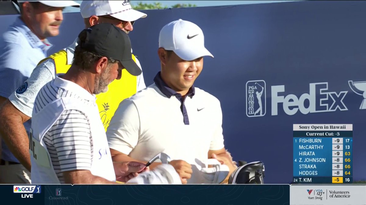 Teamwork makes the dream work. 🤝 Tom Kim and caddie Paul Tesori are all smiles after a sweet tee shot on No. 17. Golf Channel | Sony Open in Hawaii
