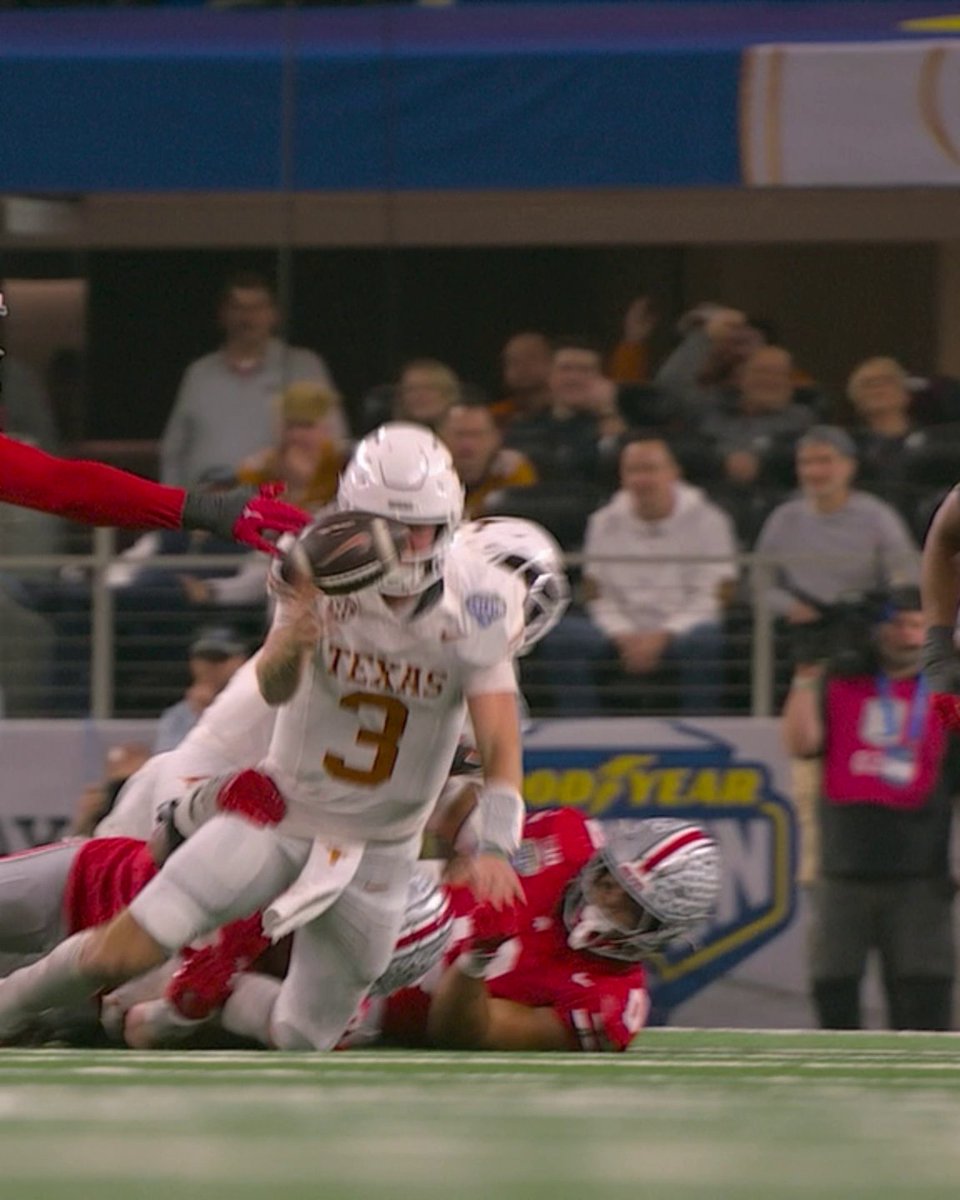 Quinn Ewers BARELY got this throw off before getting tackled 🫢