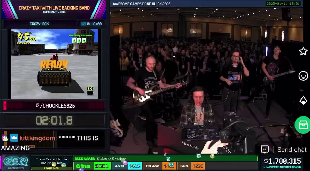 Pour contourner les problèmes de copyright sur le run de Crazy Taxi, les équipes de l'AGDQ ont décidé d'inviter une groupe de rock pour faire les musiques et c'est un des speedruns les plus drôles que j'ai vu depuis un bail 😆 La VOD complète est là :