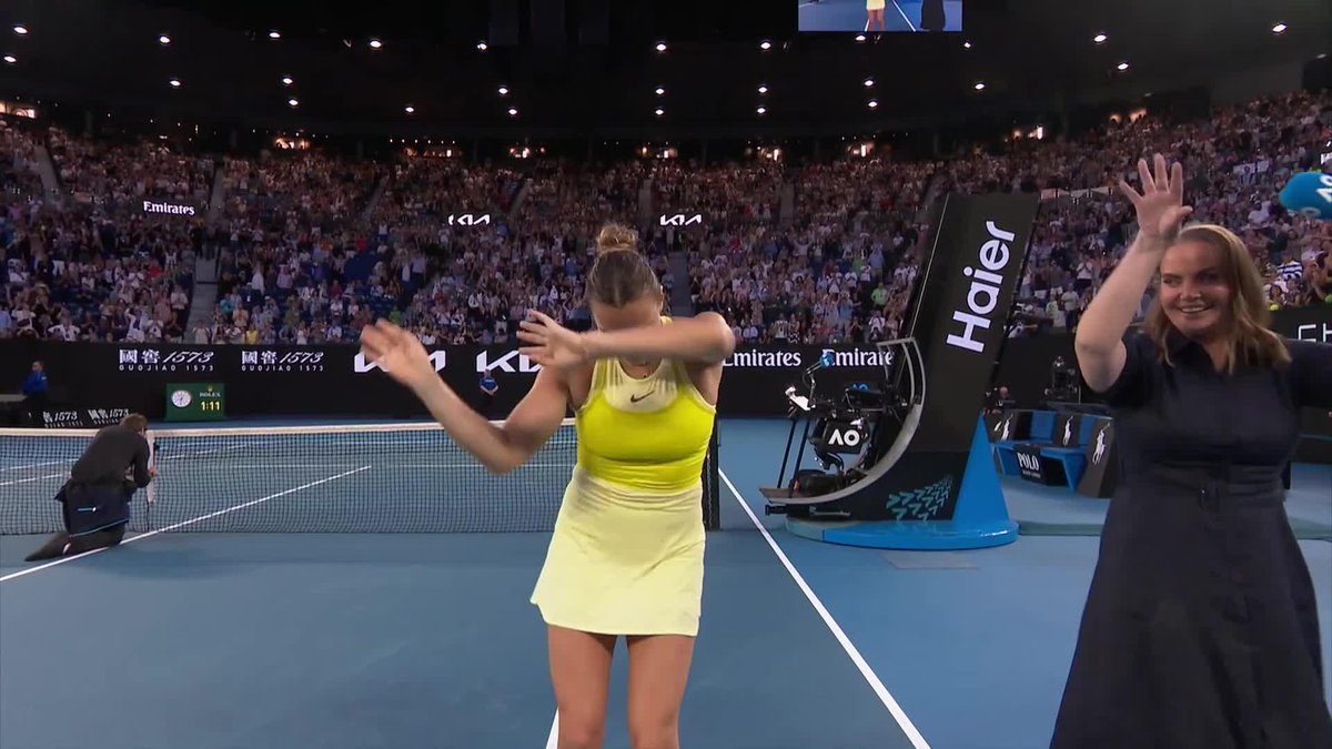 There is a first for everything 🤣 Aryna Sabalenka and the Rod Laver Crowd do an on court TikTok 💃 #AusOpen • #AO2025