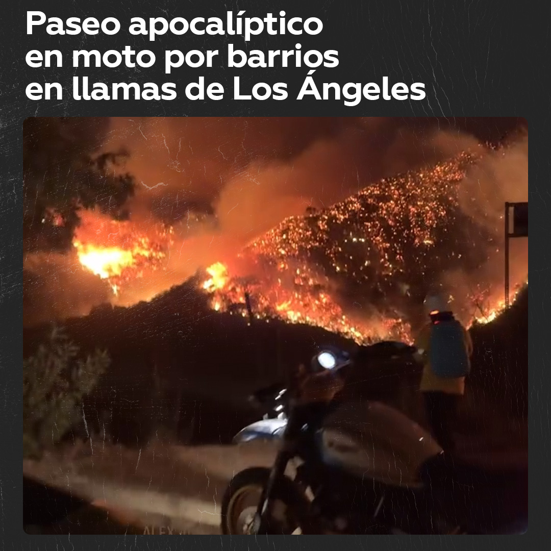 🔥 Paseo apocalíptico en moto por los barrios en llamas de Los Ángeles Un osado grupo de amigos se adentró en moto entre los escombros del exclusivo barrio de Pacific Palisades, en Los Ángeles, donde casi todas las edificaciones han quedado envueltas en llamas.