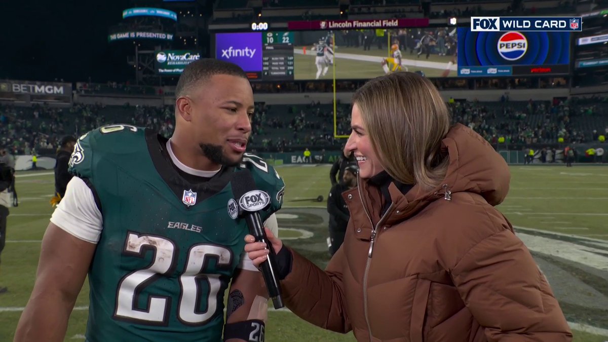 "A year ago I put out a tweet when I was on my couch watching playoff football that I gotta find a way to get back in it. So, I'm just happy to be here." Erin Andrews spoke with Saquon Barkley after the Philadelphia Eagles win over the Packers to move onto the Divisional Round ⬇️