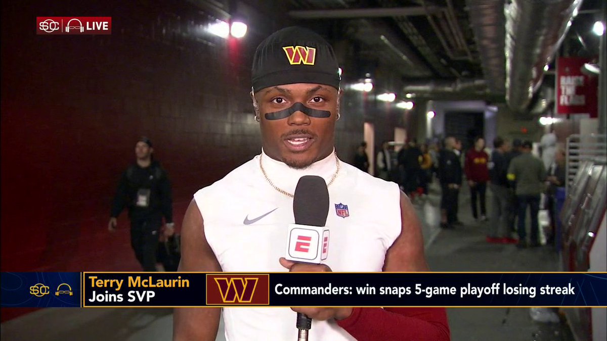 We had a smile in the huddle before that last drive because we had a chance to keep the ball ... and win the game." Terry McLaurin joined Scott Van Pelt after the Commanders' playoff win vs. the Bucs 🤝