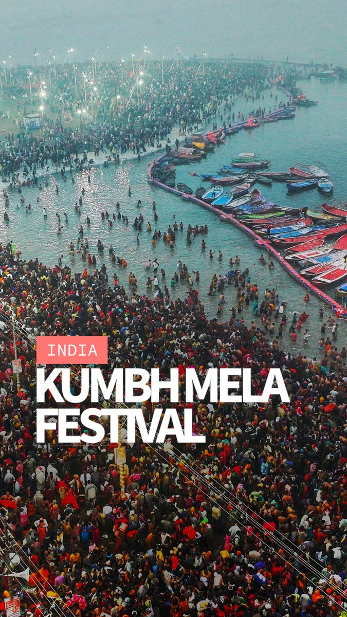 VIDEO: 🇮🇳 Giant Hindu festival for 400 million pilgrims opens in India Vast crowds have been bathing in sacred waters as the world's largest human gathering, the Kumbh Mela festival, opened. Organisers are expecting 400 million people to assemble over six weeks #AFPVertical