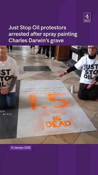 Two women have been arrested after Just Stop Oil protestors spray-painted the grave of Charles Darwin inside Westminster Abbey.