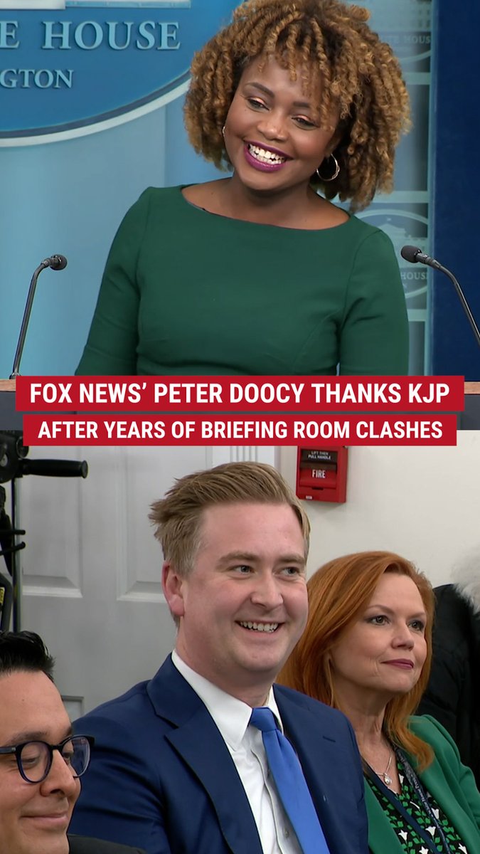 ‘ONE LAST DANCE’: FOX News Senior White House Correspondent Peter Doocy shares a candid moment with Karoline Leavitt Karine Jean-Pierre in what could be their final briefing room exchange, thanking her for ‘taking the hard questions.’