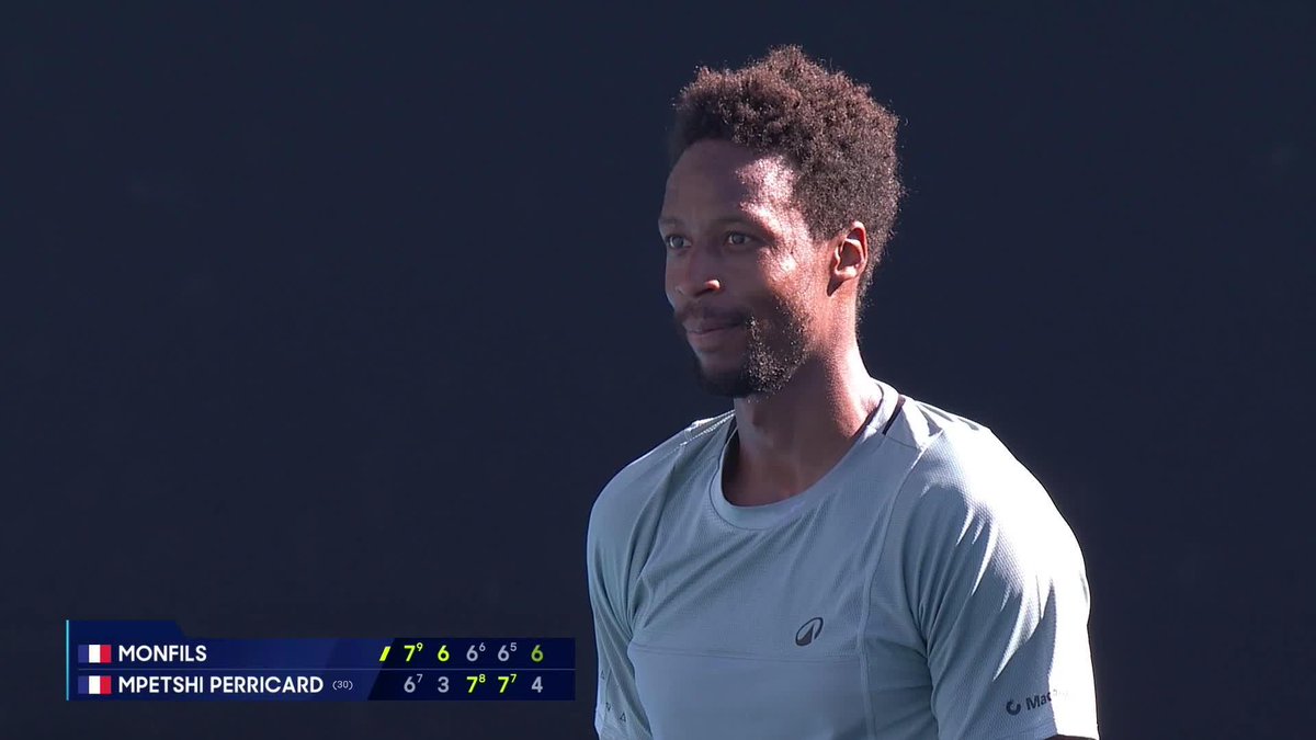 Monfils’ reaction after beating Mpetshi Perricard at the Australian Open. Crowd erupts. Gael wags his finger & taps his chest He didn’t face a single break point across 5 sets He drank a bottle of immortality at the start of this new season 🇫🇷❤️