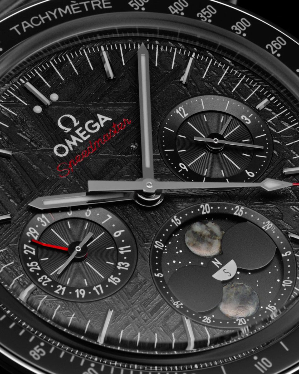 For the first time, OMEGA reveals a Moonphase display with both northern and southern hemisphere moons. Discover our new Speedmaster timepiece made with two forms of meteorite. #OMEGA #Speedmaster