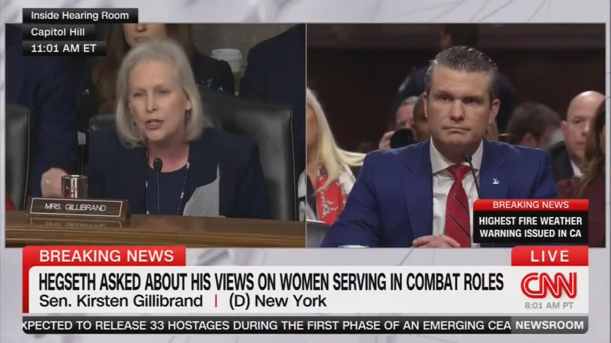 Sen. Kirsten Gillibrand goes after Defense Sec. nominee Pete Hegseth for saying women shouldn't serve in combat roles: Gillibrand: “We don’t want women in the military, especially in combat — what a terrible statement. So please, do not deny that you’ve made those statements.”