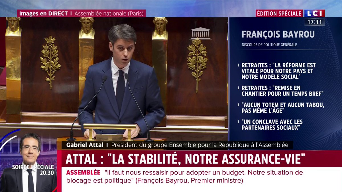🗣️ "Je le dis à chacun et notamment à mes collègues socialistes : si vous vous engagez à ne pas voter la censure, je crois que les Français pourront reprendre espoir" appelle Gabriel Attal