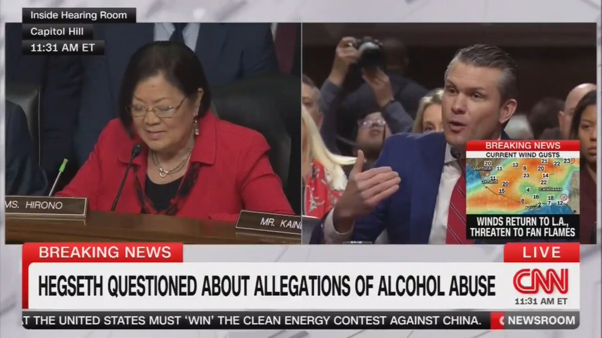 Sen. Mazie Hirono (D-HI): “Will you resign as Secretary of Defense if you drink on the job?” Defense Sec. nominee Pete Hegseth: “I’ve made this commitment on behalf of the men and women I’m serving.” Hirono: “I’m not hearing an answer to my question.”