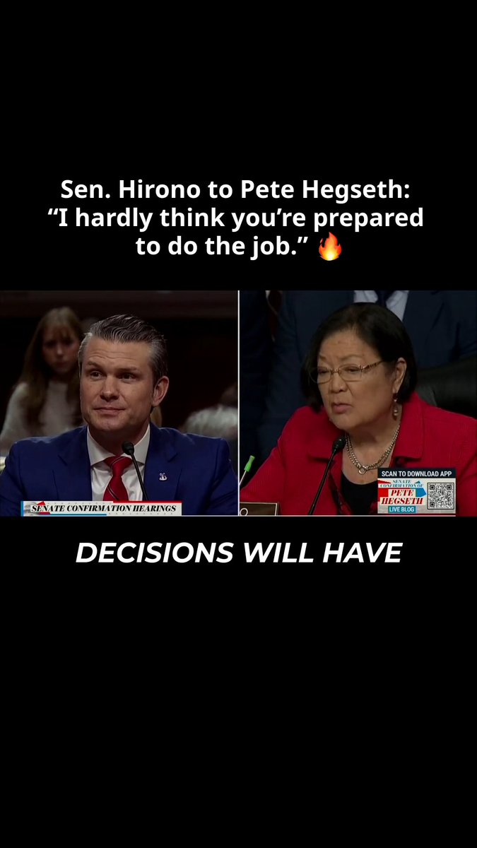 “I hardly think you’re prepared to do the job.” 🔥 Senator Hirono held Pete Hegseth’s feet to the fire during his confirmation hearing.