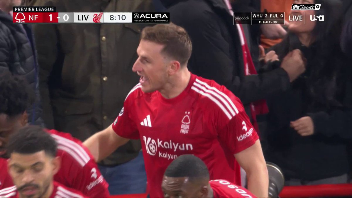CHRIS WOOD FIRES NOTTINGHAM FOREST INTO THE LEAD AGAINST LIVERPOOL. 💥 THE STUFF OF DREAMS AT THE CITY GROUND. 📺 USA Network | #NFOLIV