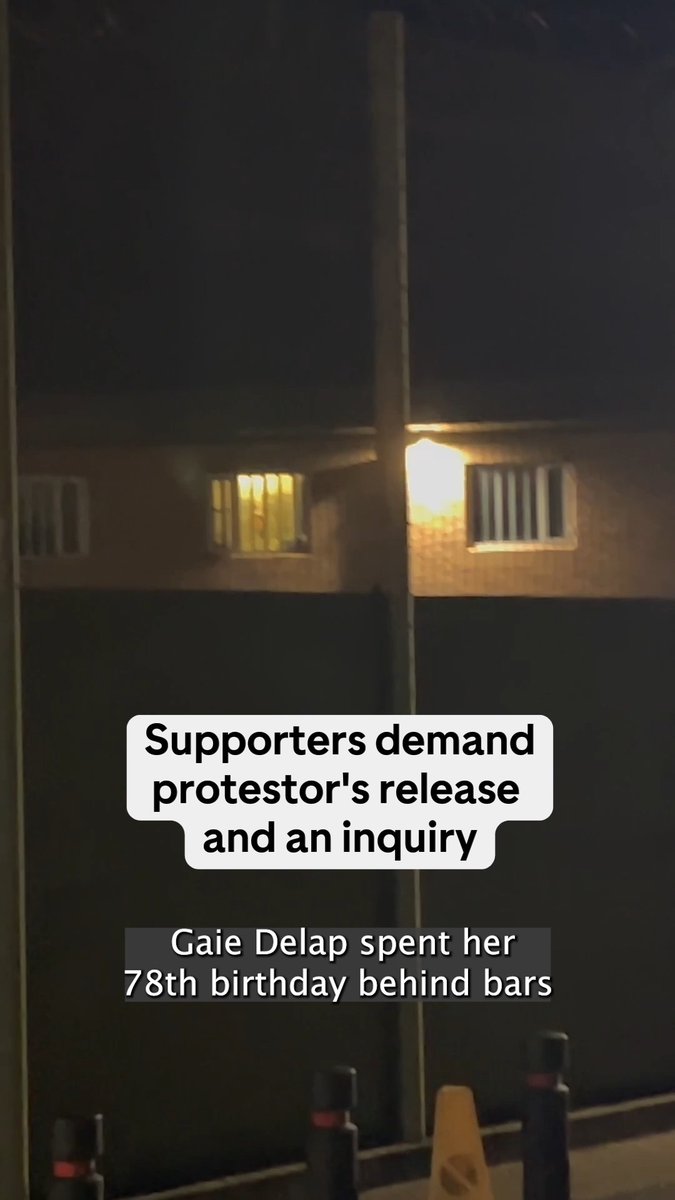 "She shouldn't be here." Gaie Delap turned 78 in jail because the gov't couldn't find the right sized tag for her. We went to the vigil held by her supporters and family, demanding her release and an inquiry.