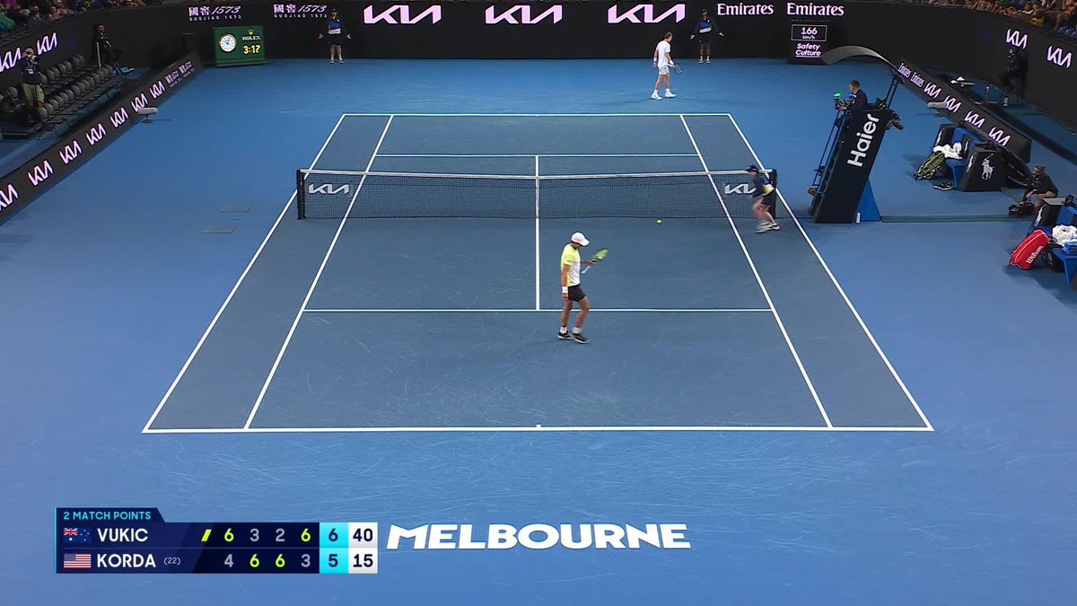 It's Vukic's day at Kia Arena 🇦🇺 The Aussie storms into his maiden grand slam third round, defeating Sebastian Korda 6-4 3-6 2-6 6-3 7-5. Wide World of Sports • ESPN • @eurosport • WOWOWテニス • #AusOpen • #AO2025
