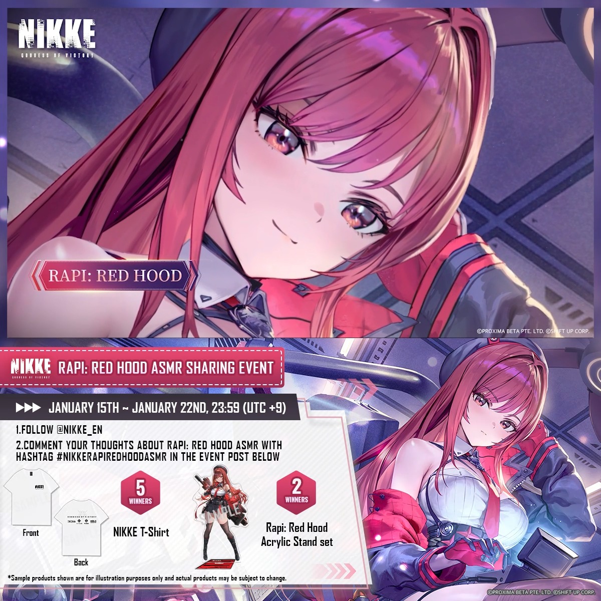 【Rapi: Red Hood ASMR Commemoration Event】 The new ASMR video, Goodnight and Thank You, has been officially released! Watch the full HD Ver here! 🔗: Commanders, share your thoughts and stand to win prizes! How to Join 1. Follow GODDESS OF VICTORY: NIKKE 2. Share your thoughts about the ASMR video in the comments below with the hashtag #NIKKERapiRedHoodASMR Rewards 🎁 - NIKKE T-Shirt x5 - Rapi: Red Hood Acrylic Stand Set x2 Event Duration 📅 1/15 ~ 1/22 23:59 (UTC+9) Sweepstakes 🔗: #NIKKE #Contest