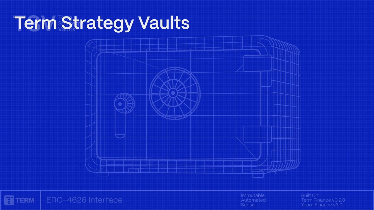 You experienced Term Auctions, you’ve signed the Blue Sheets, now it’s time to enter the Vault. Term Strategy Vaults are built on yearn V3, and are automated to make fixed-rate lending effortless. - Pick your strategy - Deposit your funds - Secure predictable yields Everything is audited, automated, and available for any user. Welcome to seamless DeFi, with Term. Let’s dive deeper 🧵 1/ What are Term Strategy Vaults? They’re automated DeFi tools that make fixed-rate lending effortless. Built on yearn V3, these vaults simplify liquidity management, reinvest earnings, and optimize risk-adjusted yields for passive investors. 2/ How does it work? Funds are re-balanced across lending positions while maintaining prudent portfolio risk controls: ▫️ Participate in Term Auctions & Blue Sheets. ▫️ Focus on fixed-rate lending = capital efficient and consistent yields. 3/ Why choose Term Strategy Vaults? 🔹 Automated lending + strict portfolio controls 🔹 Stable, reliable yields 🔹 Professional risk curation 🔹 Non-custodial + verifiable on-chain 4/ No expertise required! You deposit $USDC, $wETH, or other supported assets, and the vaults handle the rest. It's DeFi lending made simple. 5/ How secure is it? ☑️ Term Vaults are non-custodial. ☑️ Funds are locked in immutable smart contracts. ☑️ Protected by strict smart contract-enforced constraints. ☑️ Third-party audits reinforce safety. Your funds, your control. 6/ Who can benefit? Passive lenders who want set-it-and-forget-it lending. Yield hunters tired of inefficiencies in floating-rate protocols. Risk-conscious DeFi users who want professionally curated and tailored strategies, not a one-size-fits-all approach. 7/ Getting started is easy: > Pick a strategy based on your risk preference. >> Deposit your assets. >>> Relax while the vault optimizes yield. Why work harder when you can let your money work smarter? Start your Vaults journey →