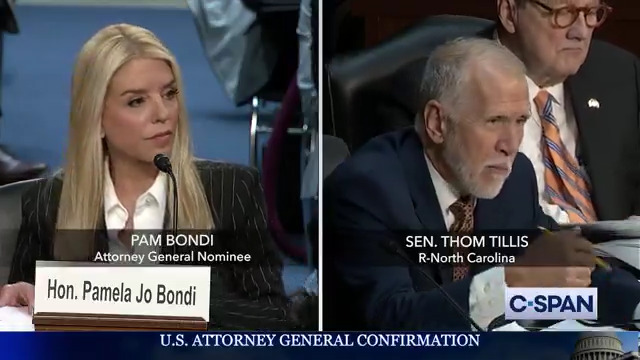 .Senator Thom Tillis to Pam Bondi: "I find it hard to believe that the president of the United States or you would look at facts that were used to convict the violent people on January the 6th and say it was just an intemperate moment...it's an absurd and unfair hypothetical."