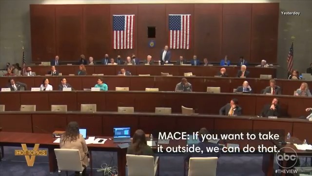 MACE CHALLENGES DEM TO "TAKE IT OUTSIDE": #TheView co-hosts react to the heated exchange that erupted in the House between Rep. Nancy Mace and Rep. Jasmine Crockett.