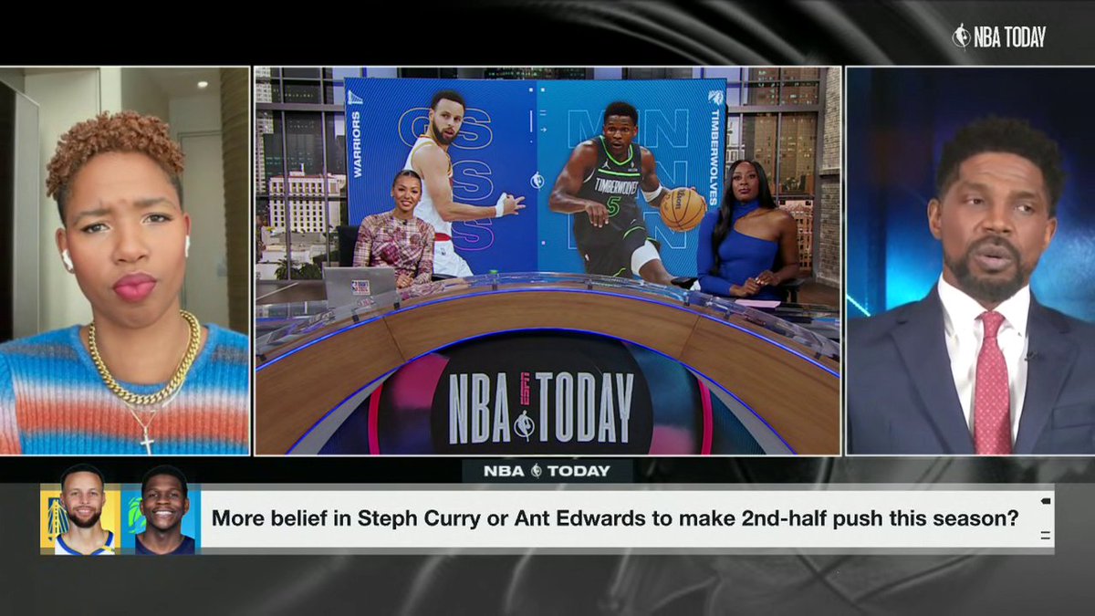 "It's not because I don't believe in Steph Curry, it's because of the surrounding cast." 😬 McNutt Monica says she has more belief in Anthony Edwards than Stephen Curry to make a second-half push this season 👀