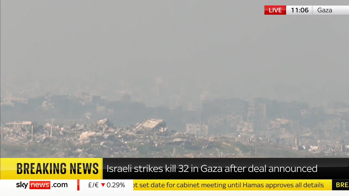 BREAKING: Heavy Israeli bombardment in Gaza after the announcement of a ceasefire deal has killed at least 32 people, medics reported. 📺 Sky 501 and YouTube