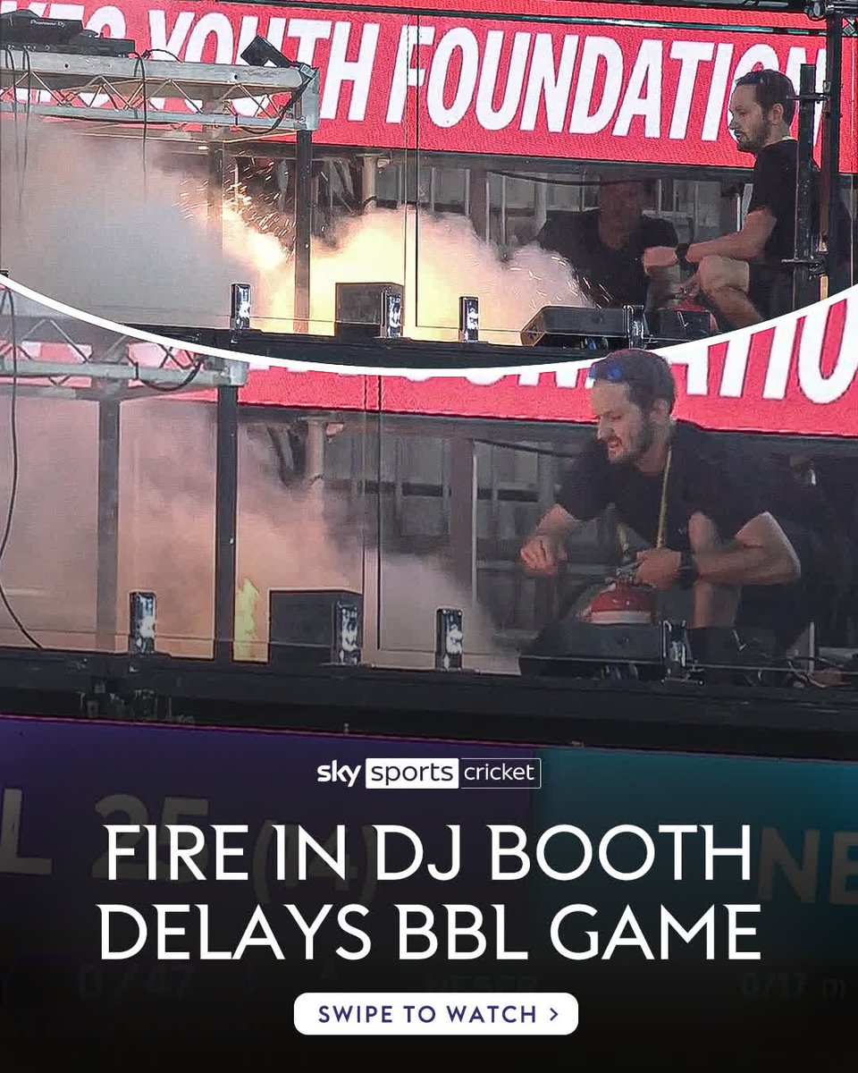 Play was delayed at the BBL game between Hobart Hurricanes and Brisbane Heat after the DJ deck at The Gabba caught fire!