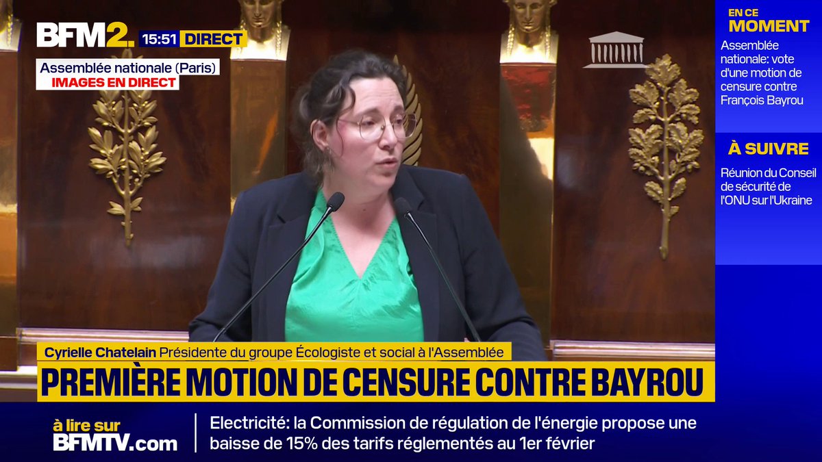 💬 "Vous ne mentionniez le climat que pour parler d'immigration" Cyrielle Chatelain, présidente du groupe Écologiste et social à l'Assemblée, a vivement critiqué le discours de politique générale de François Bayrou lors du débat sur la motion de censure LFI