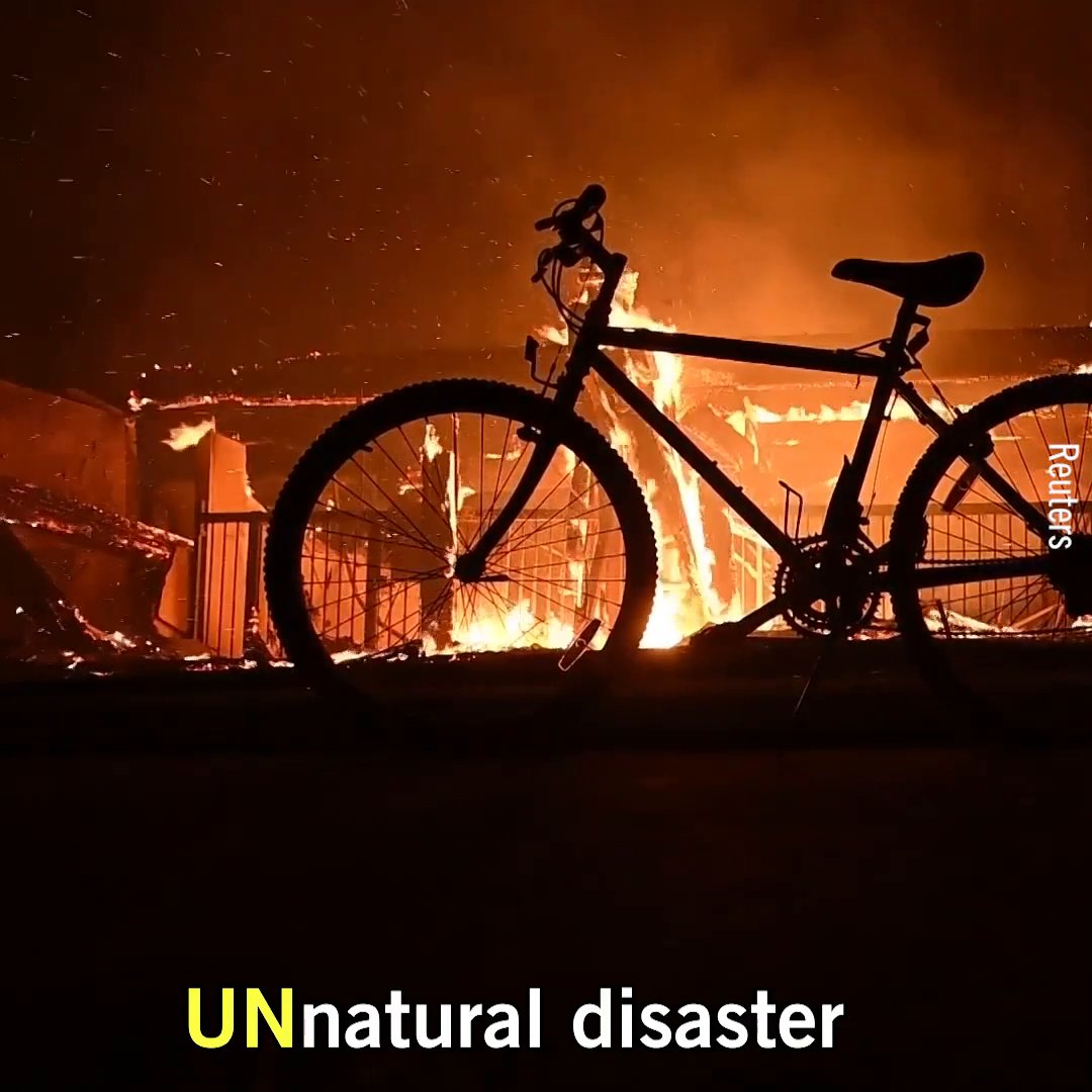 The wildfires in California, USA are an UNnatural disaster made more likely and more dangerous by decades of government inaction on climate change and lying by fossil fuel companies.