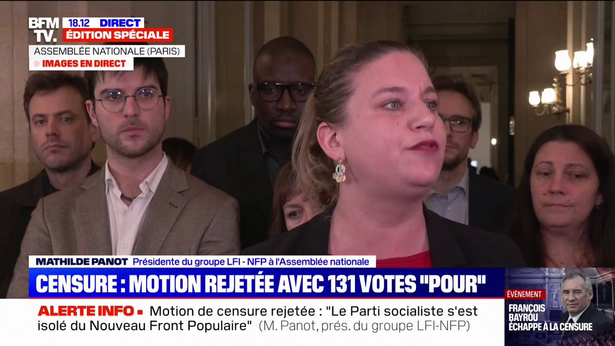 "Nous n'accepterons jamais un gouvernement qui ne respecte pas le résultat des urnes", affirme Mathilde Panot après le rejet de la motion de censure à l'Assemblée nationale
