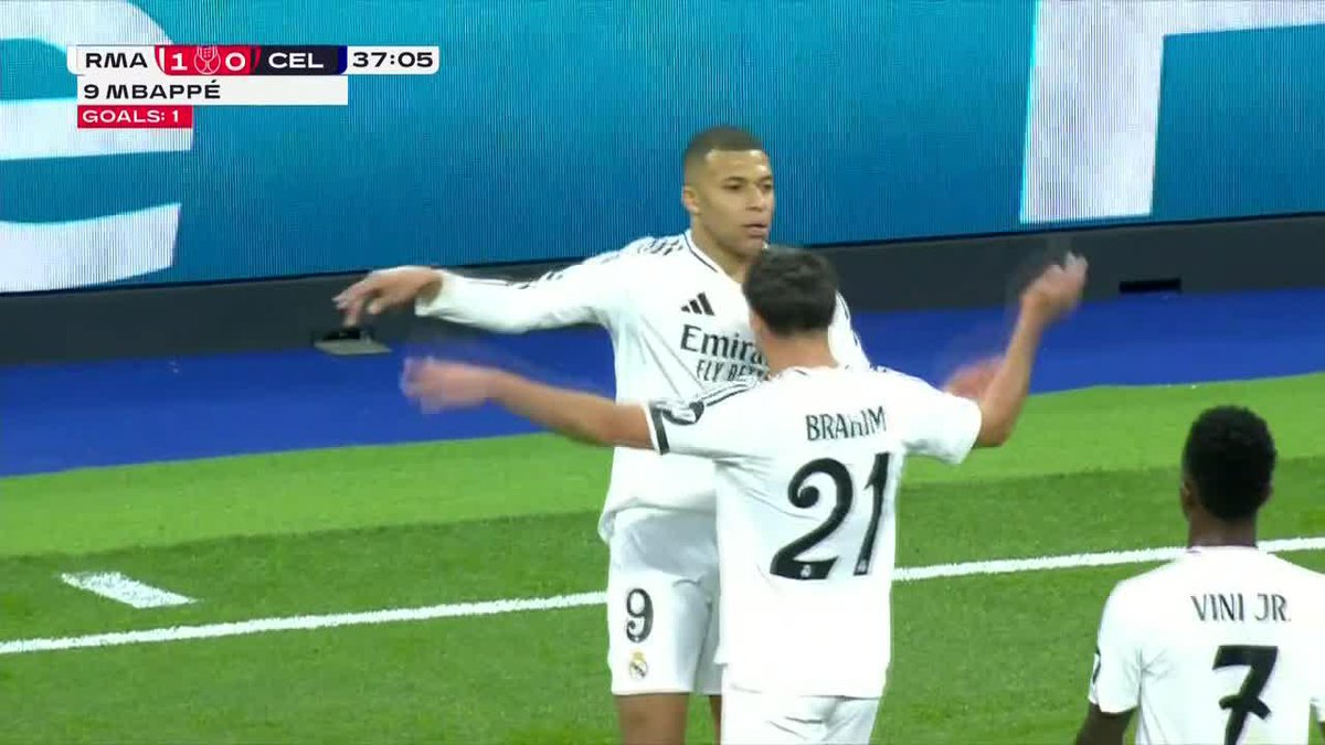 KYLIAN MBAPPE TAKES IT HIMSELF FROM HIS OWN HALF AND BURIES IT TO GIVE REAL MADRID THE LEAD‼️ There was a penalty shout by Celta Vigo against Andriy Lunin in the buildup to the goal, but no penalty was given.