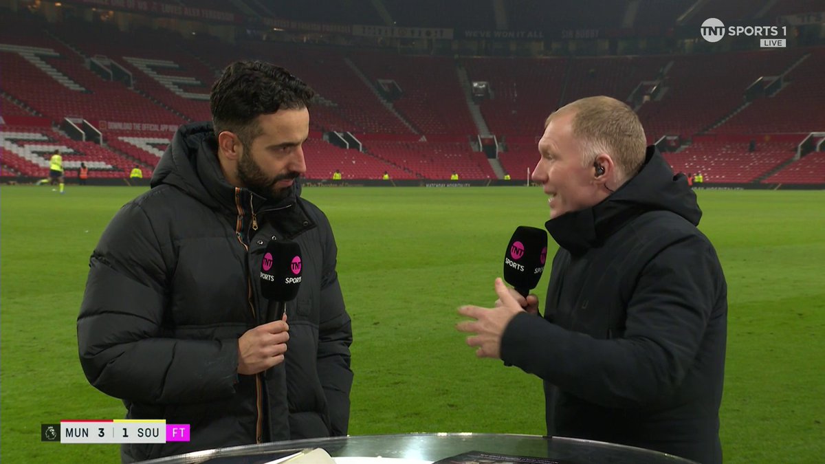 Ruben Amorim disagrees with Paul Scholes on TNT Sports. "Today was not a lack of enthusiasm. It was a lack of speed and sometimes a lack of control of the game. Ugarte's late. Kobbie Mainoo's late. Bruno going outside, the ball is inside."