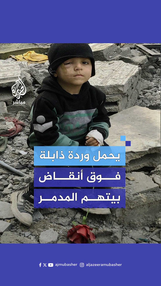 بعد يومين على انتشاله من تحت الركام.. الطفل "كنان" يجلس فوق أنقاض بيته المدمر يحمل وردة ذابلة كما ذبلت أحلامه تحت الحرب #الجزيرة_مباشر | #غزة
