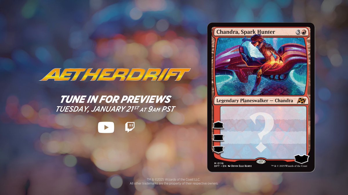 Start your engines and get ready for the race of a lifetime! Here's a sneak peek at Chandra, Spark Hunter. You'll have to tune into the #MTGAetherdrift Debut for the full reveal on Tuesday 1/21 at 9 AM Pacific. 🎮 : 📺 :