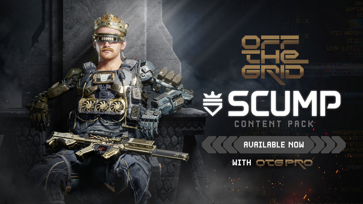 👑 THE KING HAS A NEW THRONE 👑 Get ready to wreak havoc on Teardrop with the exclusive new skin of esports World Champion @Scump! The Scump Content Pack is available now as part of OTG Pro.