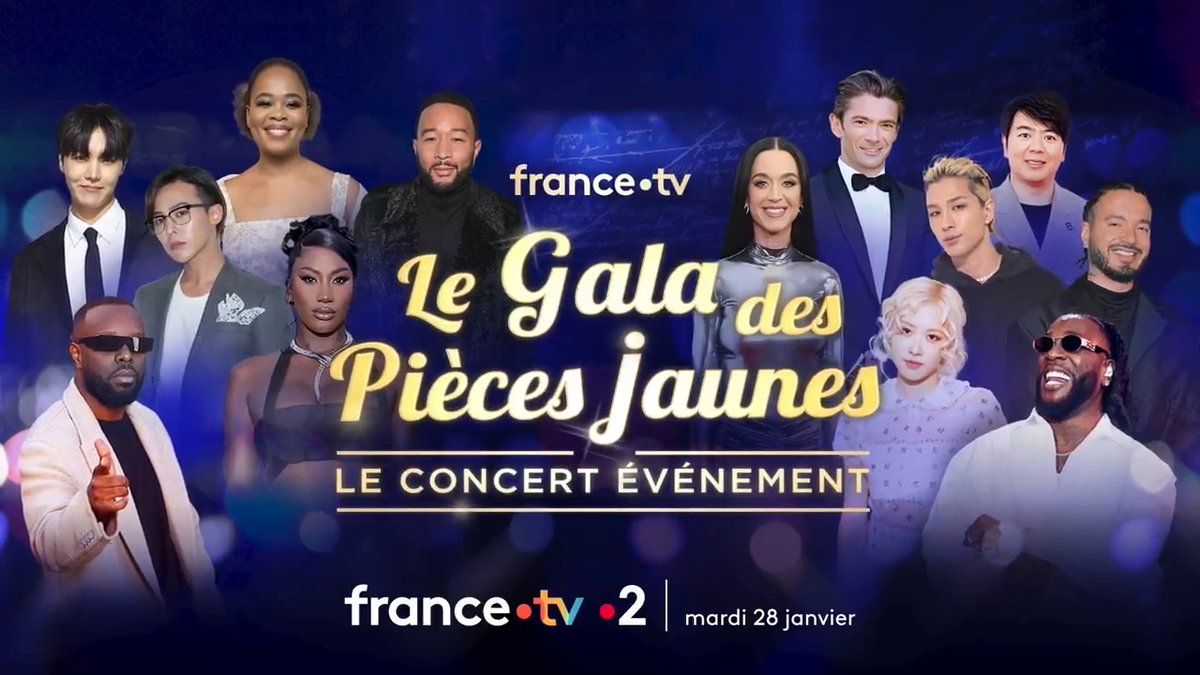 Une soirée incroyable en perspective ! 🤩 Katy Perry, Rosé, John Legend, Burna Boy, Gims, J Balvin, Lang Lang, Pretty Yende, G-Dragon, Taeyang, Gautier Capuçon, Aya Nakamura, j-hope et d'autres surprises... 👉 Ils seront au "Gala des Pièces Jaunes" le 28 janvier sur et france 2