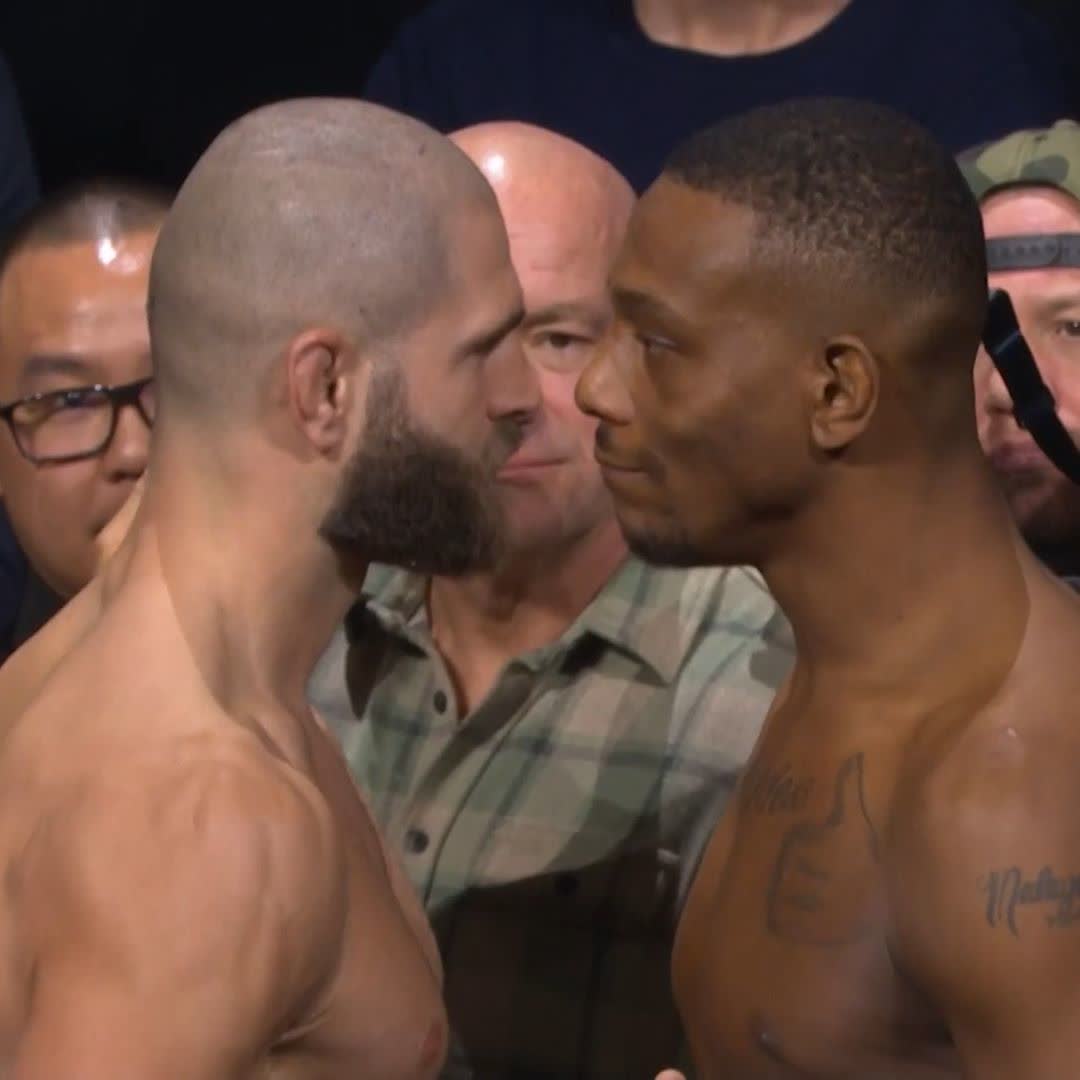 Jiri Prochazka and Jamahal Hill face off for the final time! ⚔️ #UFC311 Prochazka brought Ashly McGarity on stage with him, the fan who is battling cancer ❤️