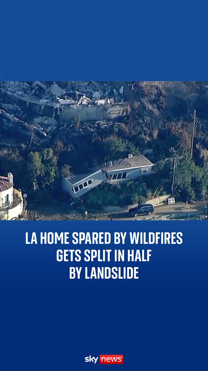 A Pacific Palisades house that was still standing following a devastating fire was split in two by a landslide. Officials said hillsides in Los Angeles have become fragile due to the weather events that affected southern California ⬇️