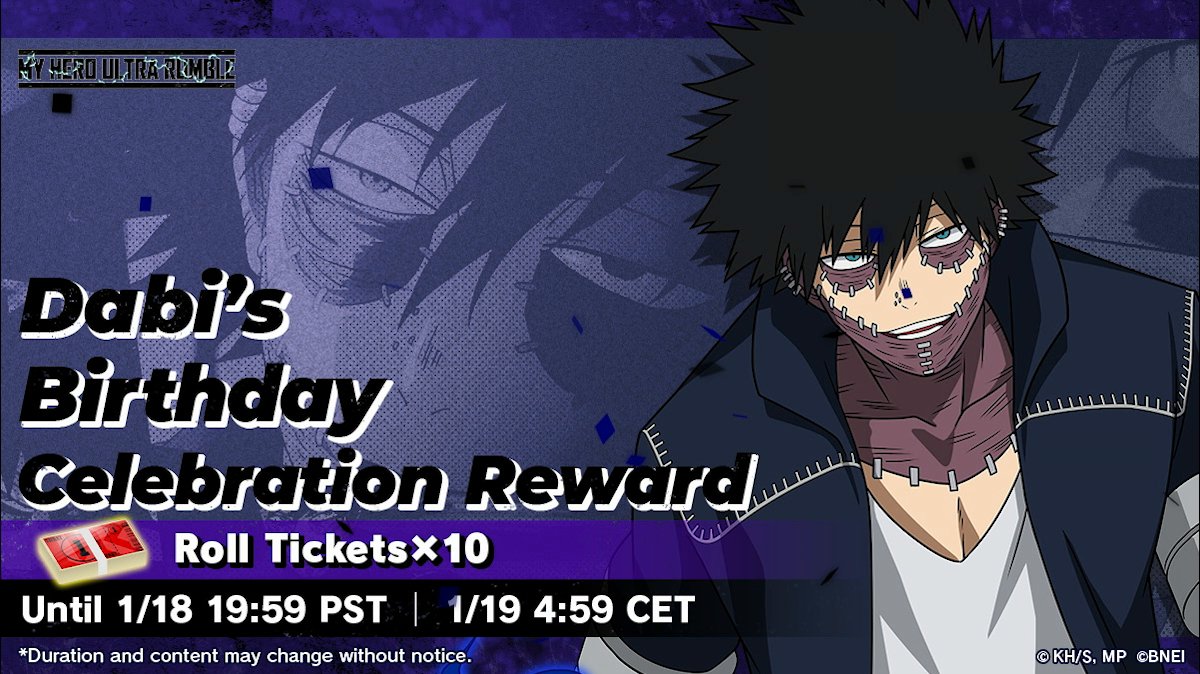 Do you think Dabi's Dad got him a birthday present? I'd endeavor to say "no"! Log in until 1/18 19:59 PST │ 1/19 4:59 CET to get 10x Roll Tickets! #MHUR