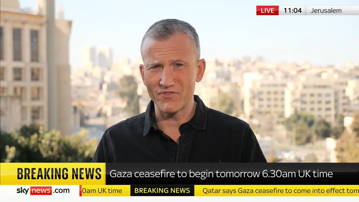 BREAKING: The Gaza ceasefire deal will come into effect tomorrow at 6.30am UK time. Our international correspondent @AlexRossiSky has the latest from Jerusalem. 📺 Sky 501, Virgin 602, Freeview 233 and YouTube