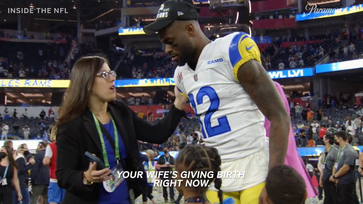 When Van Jefferson found out his wife was giving birth moments after winning the Super Bowl. PR staffer: “Van, Van! Your wife is giving birth right now.”