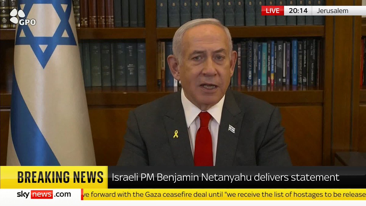 'We won't relent until all hostages are released' Israel's Prime Minister Benjamin Netanyahu has delivered a statement addressing tomorrow's expected Gaza ceasefire agreement Latest ➡️ 📺 Sky 501, Virgin 602, Freeview 233 and YouTube