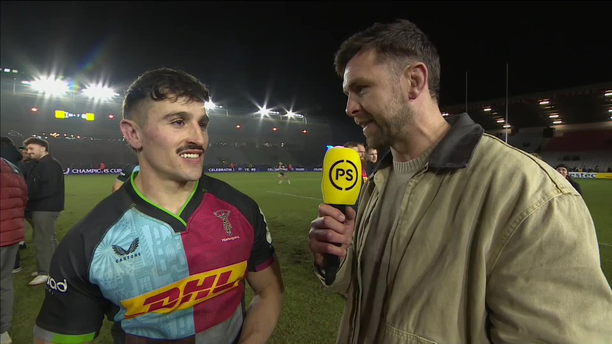 Oscar Beard and Cadan Murley chat with ryan wilson after helping Harlequins 🃏 to victory against Glasgow Warriors 🃏 "To come back home in front of our fans and get a result, we're really happy!" 🗣️ #InvestecChampionsCup