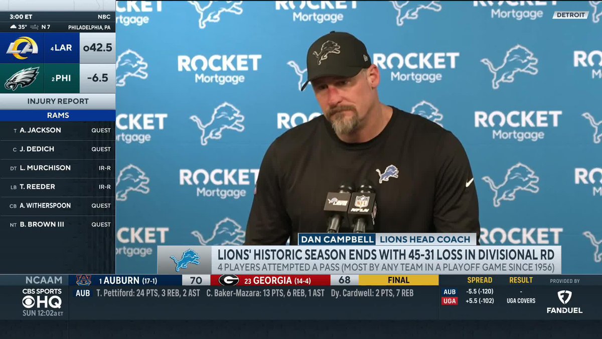 "It just hurts to lose, man. I don't care if you're the 7 seed, 6 seed, 5 seed, 1 seed, cause I've lost all of them, damn near." — Lions HC Dan Campbell on loss to Commanders