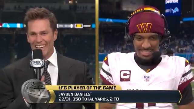 "I want to ask you what LFG stands for?" - Jayden Daniels "It's inappropriate. It's a family-friendly program." - Tom Brady 😂 Congrats to Washington Commanders QB Jayden Daniels for being named the #LFG Player of the Game 🏆👏